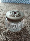 Antique 1940 s Glass Vanity Powder Jar  With Amethyst Gi Jeweled Silver Lid