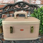 Vintage Ruelite Train Case  Peach W peach Satin Interior  Zip Comprtmnt   Mirror
