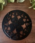 Vtg Cast Iron Footed Trivet Four Leaf Clover Scroll Black Brown Round 7  