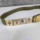 Boy Scout Green Adjustable Belt W 8 Slide Badges Brass Buckle Usa Made Vintage