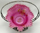Antique Floral Bridal Basket Ruffled Pink Cased Glass Bowl Forbes Silver Company