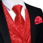  Mens Paisley Vest And Tie Set Silk Formal Suit Waistcoat And Large Bright Red