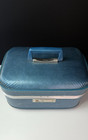Vintage 1960s Blue Trojan Train Case Small Suitcase Hard Makeup Travel Luggage