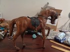 Vintage Leather Wrapped Brown Horse W Saddle  Stirrups  Bridal Figurine 11  Tall