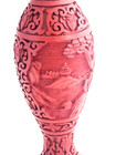Chinese Lacquer Cinnabar Red Vase With Blue Cloisonne Enamel 7  Tall Vintage