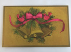 Vintage Mid Century Christmas Greeting Card Gold Hot Pink Ribbon Birds Bells