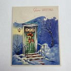 Vintage Mid Century Christmas Greeting Card Green Doorway Blue Sky Background