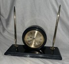 1960   s Mid-century Marble Desk Clock Stationary With Two Pen Holders