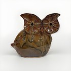 Wide Eyes Ceramic Owl Figurine Statue Neutral   Brown Colors Drip Glaze Mcm Vtg