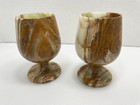 Vintage Banded Marbled Onyx Stone Chalice Cup Wine Glass Goblet Set Of 2