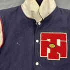 Vintage 1980s Football Letterman   s Jacket Large Blue Patches Embroidered Vtg 
