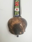 Vintage Swiss Cow Bell   Folk Art Embroidered Ribbon Accent Wrought Bronze Decor