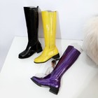 Womens Fashion Round Toe Knee High Knight Boots Block Heels Patent Leather Boot