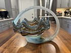 Vintage Hand Blown Mcm Art Sooner Style Glass  Basket W Handle Swirl Blue Brown