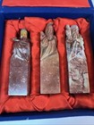 3 Vintage Carved Engraved Shoushan Stone Seal Stamps Blanks With Original  Box