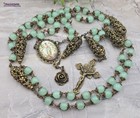 Ornate Our Lady Of Lourdes Bronze Tone Rosary - Light Green Jade  flowers