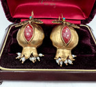Pomegranate Vntg Earrings Natural Stones Pearls Polished Brass Lrg Pierced Signd