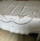 C1950   s  Vintage Hand Embroidered Linen Army navy Teacloth Tablecloth 70    Dia