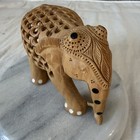 Vintage Hand Carved Indian Wooden Elephant Pierced Lattice Folk Art Figurine
