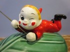 Vintage Red Devil Pixie W pitchfork Porcelain Covered Trinket Box Japan  lefton