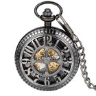 Men Vintage Black Cross Hallow Mechanical Skeleton Steampunk Pocket Watch Windup