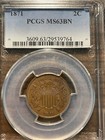 1871-p Two Cent Piece 2c Pcgs Mint State 63 Ms 63 Brown  bn 
