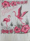 Vtg Florida Souvenir Bath Beach Towel Pink Flamingos Hibiscus 1950s