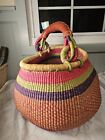 Vintage Large Hand Woven Bolga Pot Basket With Leather Wrap Handle Ghana Artisan