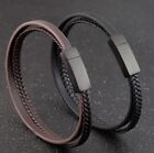 Men s Women Black Braided 2 Bands Genuine Leather Bracelet Magnetic Bangle 8 2 