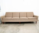 Mid Century Danish Modern Sofa Couch Striped Solid Teak Wool Tweed Tan 4 Seater