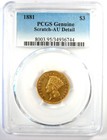1881 Three Dollar Indian Gold Coin  3 - Certified Pcgs Au Details - Rare Date 