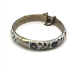 Vintage Floral Enamel Cloisonne Hinged Silver Plate Over Brass Bangle Bracelet