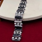 Vintage Mexico Style Sterling Silver Bracelet Obsidian Cabochons Heavy Link 925