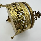 Vtg Gold Filigree Metal Ormolu Trinket Jewelry Box Round Casket Beveled Glass