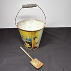 Large Early 1900   s Era Tin Toy Sand Pale With Wooden Handle   Toy Shovel