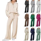 Womens 2 Piece Half Zip Hoodie Tracksuit Joggers Set Khaki Xl