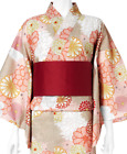 Japanese Summer Kimono Yukata Chrysanthemum And Peony Yukata Obi Set Women   s