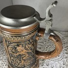 Vintage West Germany Ceramic Beer Stein Hinged Pewter Lid Relief Tavern Scene 