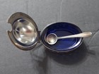 Sterling Silver  925 Pierced Salt Cellar W  Cobalt Blue Glass Liner   Spoon