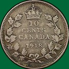 1918 Canada Ten Cent Silver Dime King George V Very Fine Vf Coin  50926