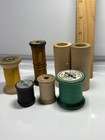 7 Wooden Spools Various Sizes Tan Green Black Partial Silk Thread1 1 4  - 2 1 2 