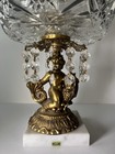 Vintage Crystal Compote With Brass Cherub   Fish Italian Marble Base Fruit Dish