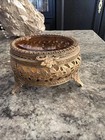 Vintage Gold Filigree Footed Jewelry Box Round Beveled Glass Lid Trinket Casket
