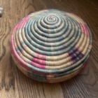 Handwoven Pine Needle Coil Basket With Lid 9    Round Multi Colors Vtg