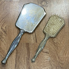 Vintage Hand Mirror And Brush Vanity Dresser Gold Tone Pink Flowers Mid Century
