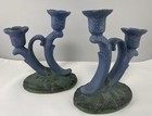 Pair Of Weller Pottery Blue green Candelabra Scroll Design On Leaf Bases C 1928