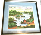 Vtg Framed Needlepoint Landscape Art River Cabin Mid Century Textile Wall Decor