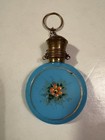 Antique Czech Hand Painted Blue Glass Perfume Bottle With Bronze Lid   Chain