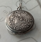 Basket Of Flowers Repousse Locket Round Sterling Silver Antique Vintage 18 Chain