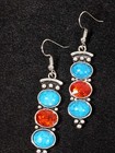Silver Tone Blue Faux Turquoise Red Crystal Southwestern Style Dangle Earrings